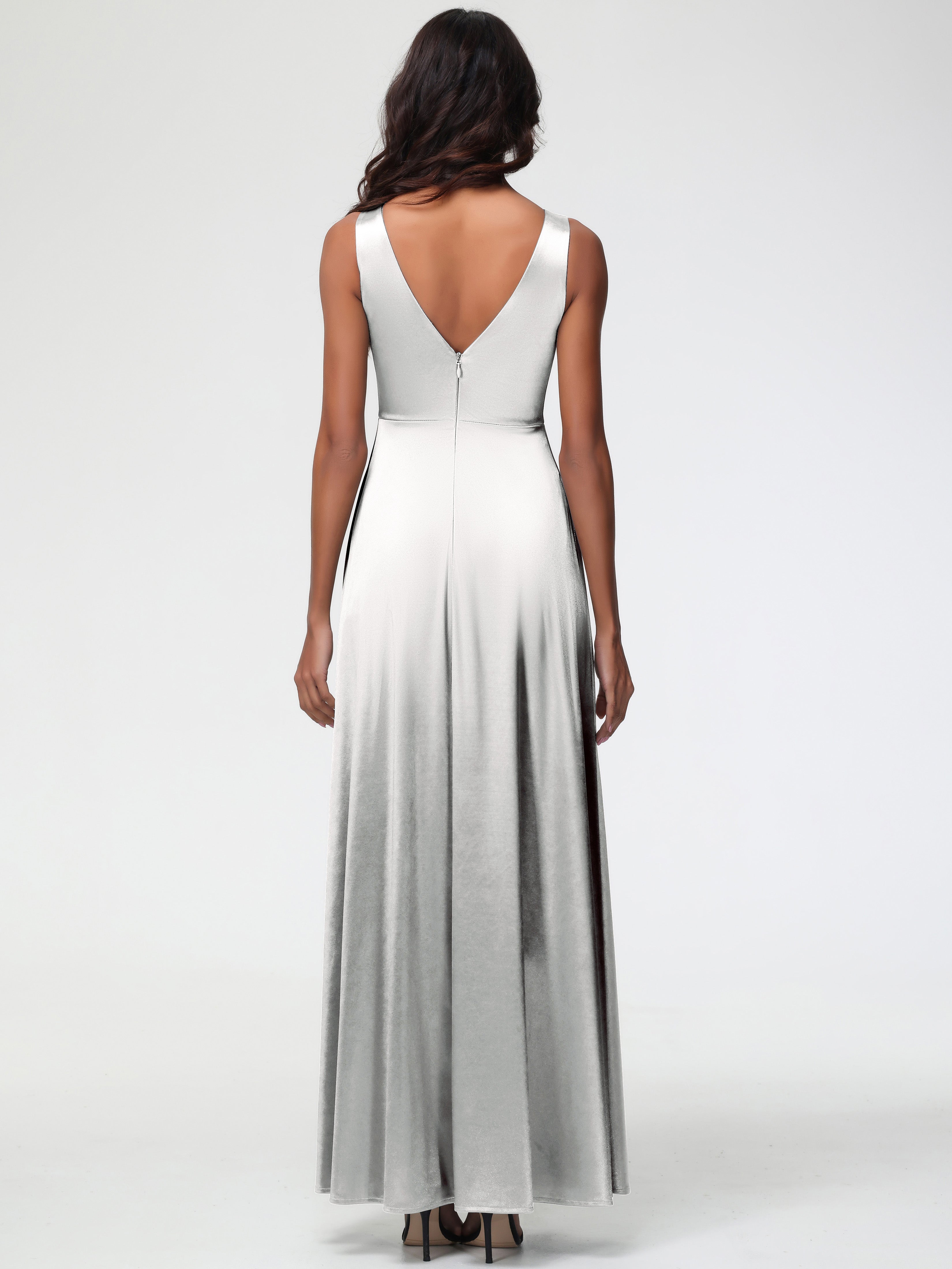 Silver Girls Formal Dress Sleeveless Stretch Satin V-Neck Floor Length A Line Long Stretch Satin Formal Dresses