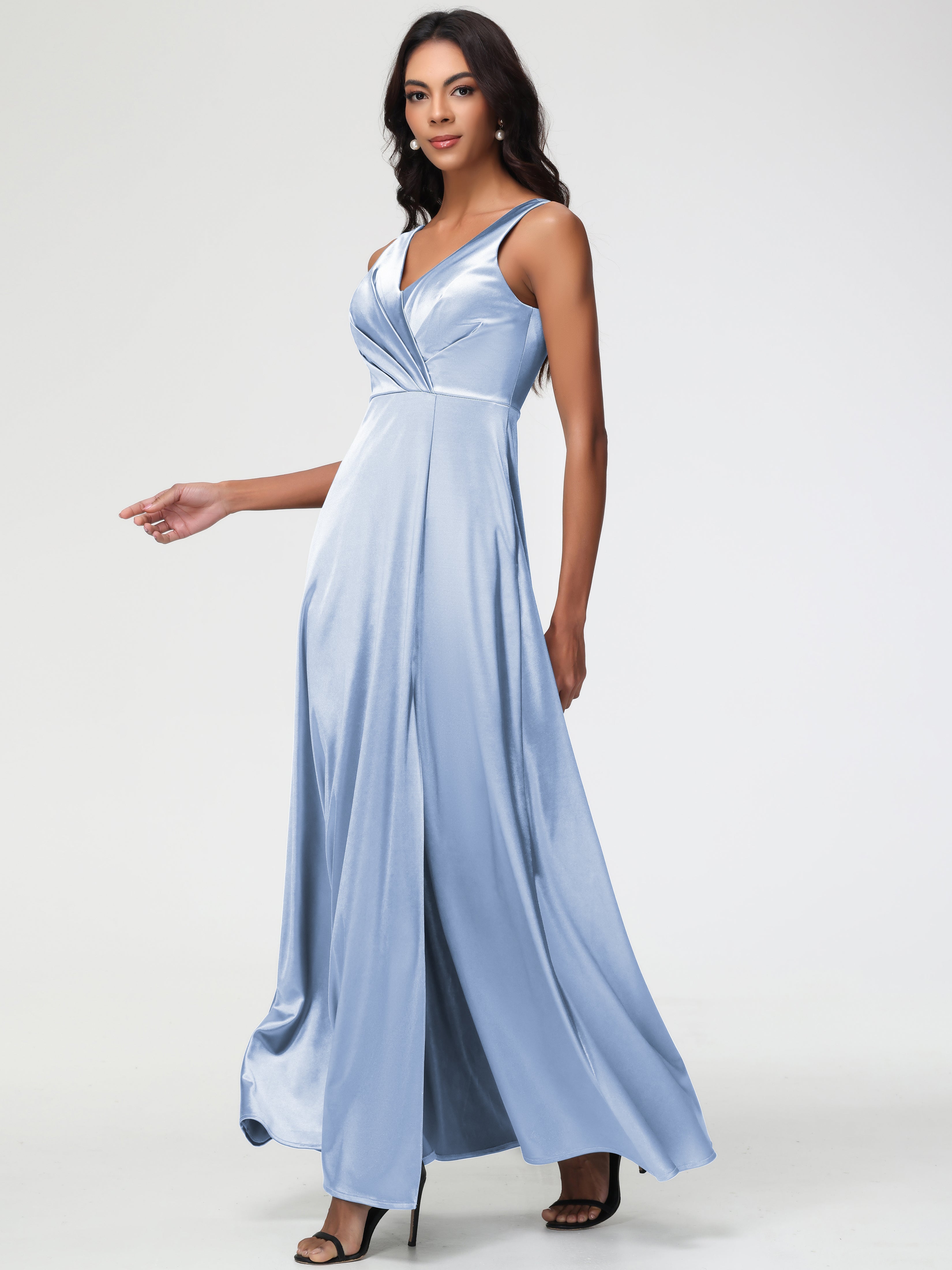 Sky Blue Formal Sleeveless Stretch Satin V-Neck Floor Length A Line Long Stretch Satin Formal Dresses