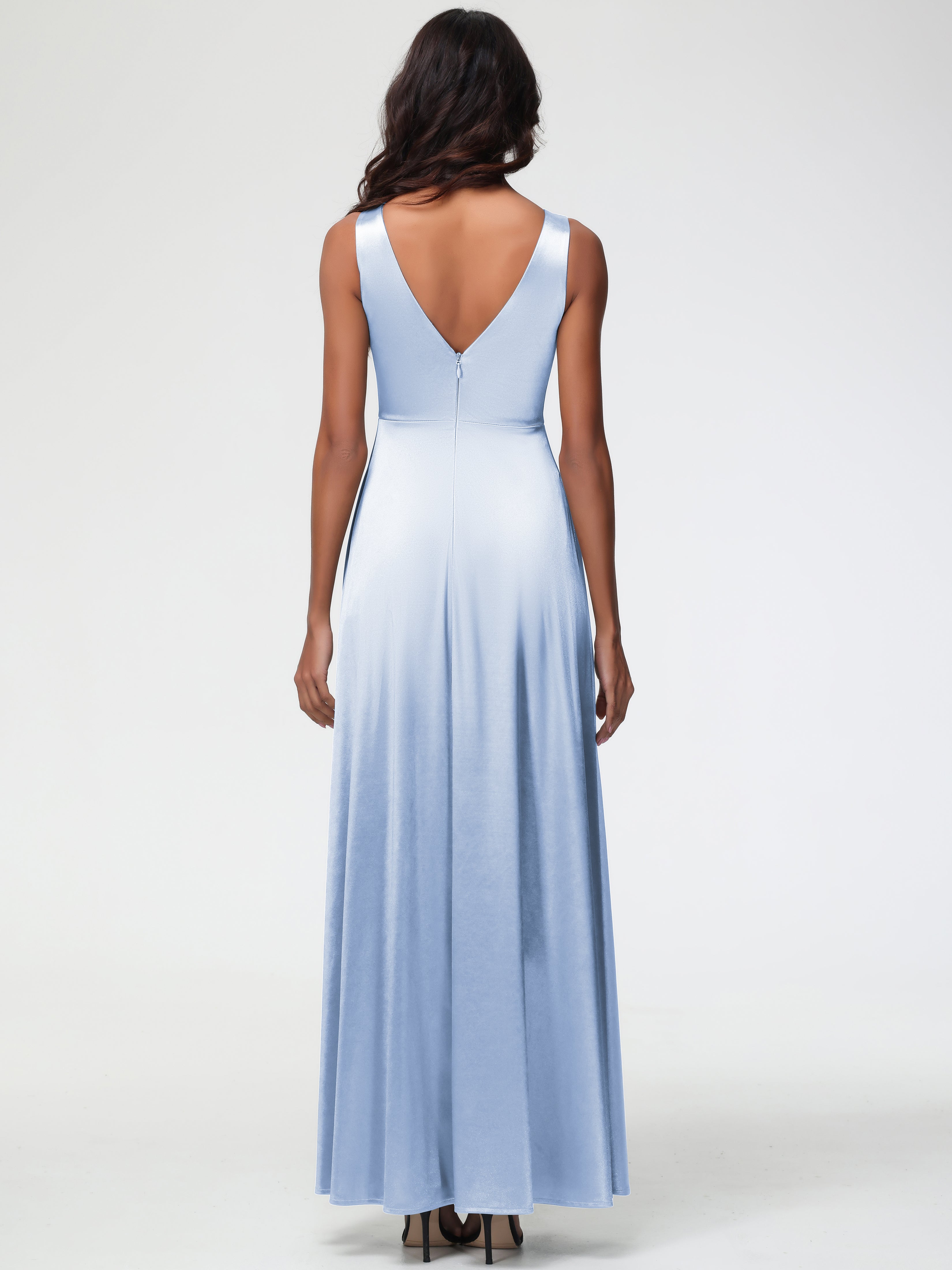 Sky Blue Formal Sleeveless Stretch Satin V-Neck Floor Length A Line Long Stretch Satin Formal Dresses