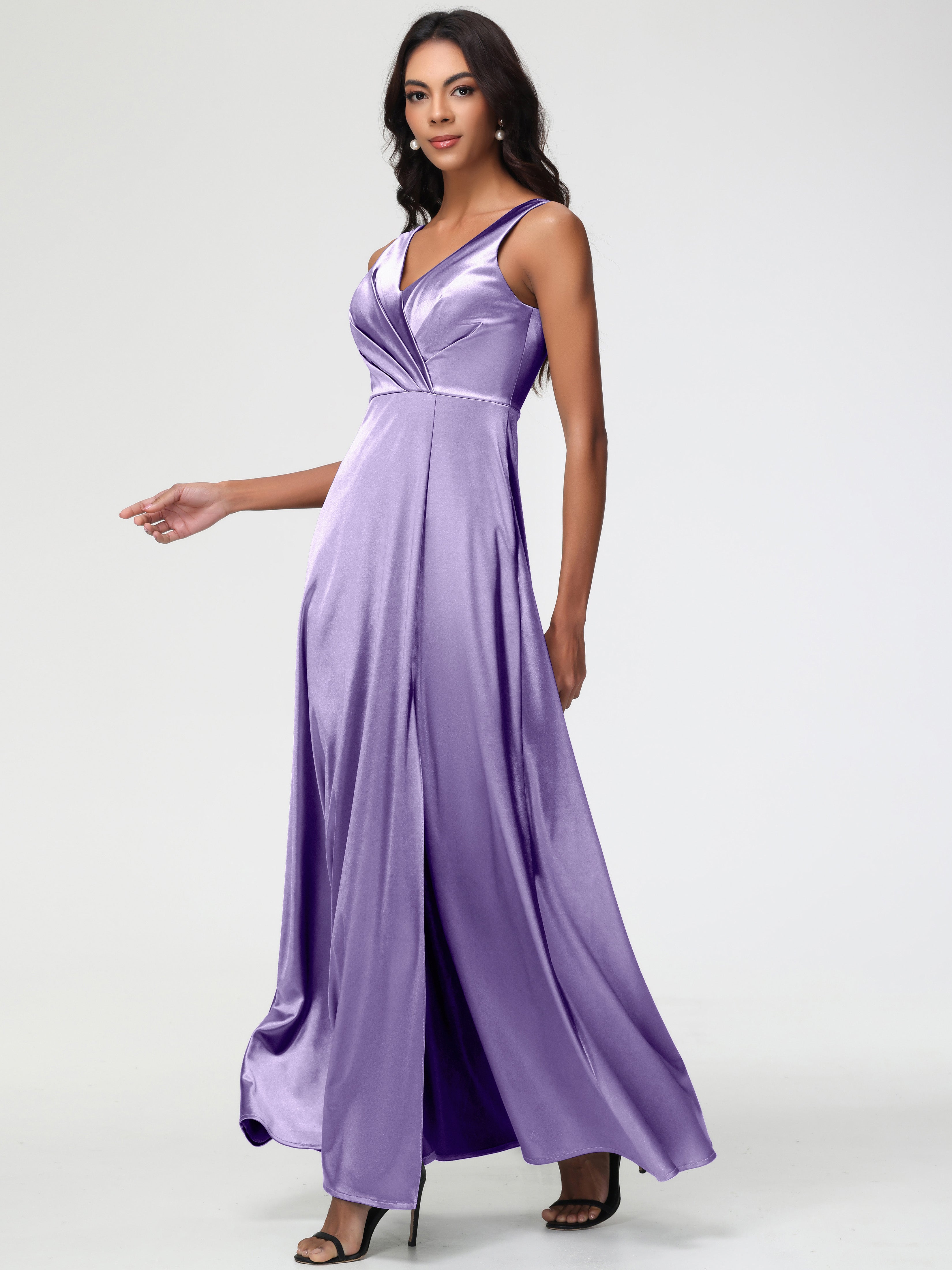 Tahiti Purple Formal Dresses Sleeveless Stretch Satin V-Neck Floor Length A Line Long Stretch Satin Formal Dresses