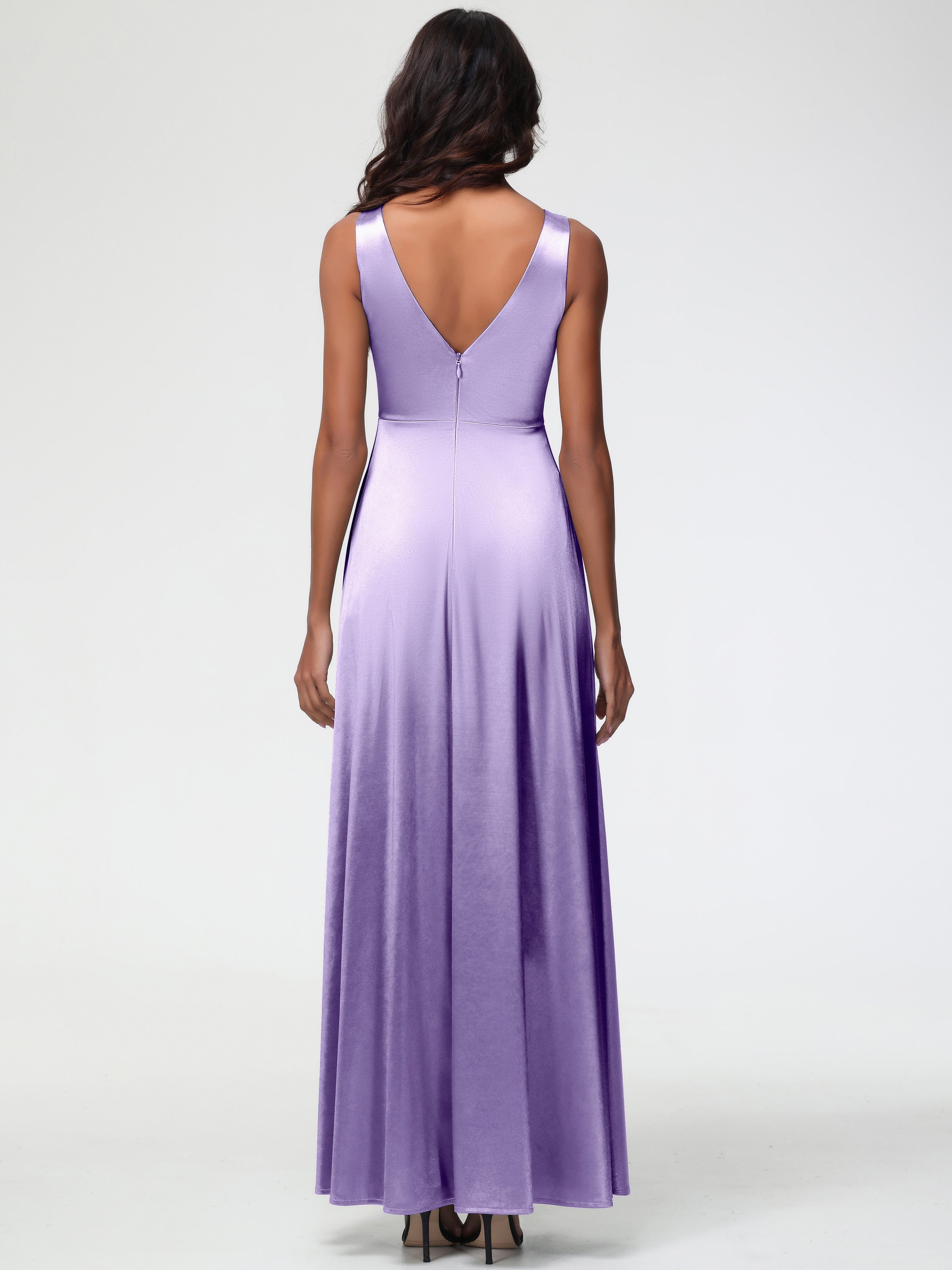 Tahiti Purple Formal Dresses Sleeveless Stretch Satin V-Neck Floor Length A Line Long Stretch Satin Formal Dresses