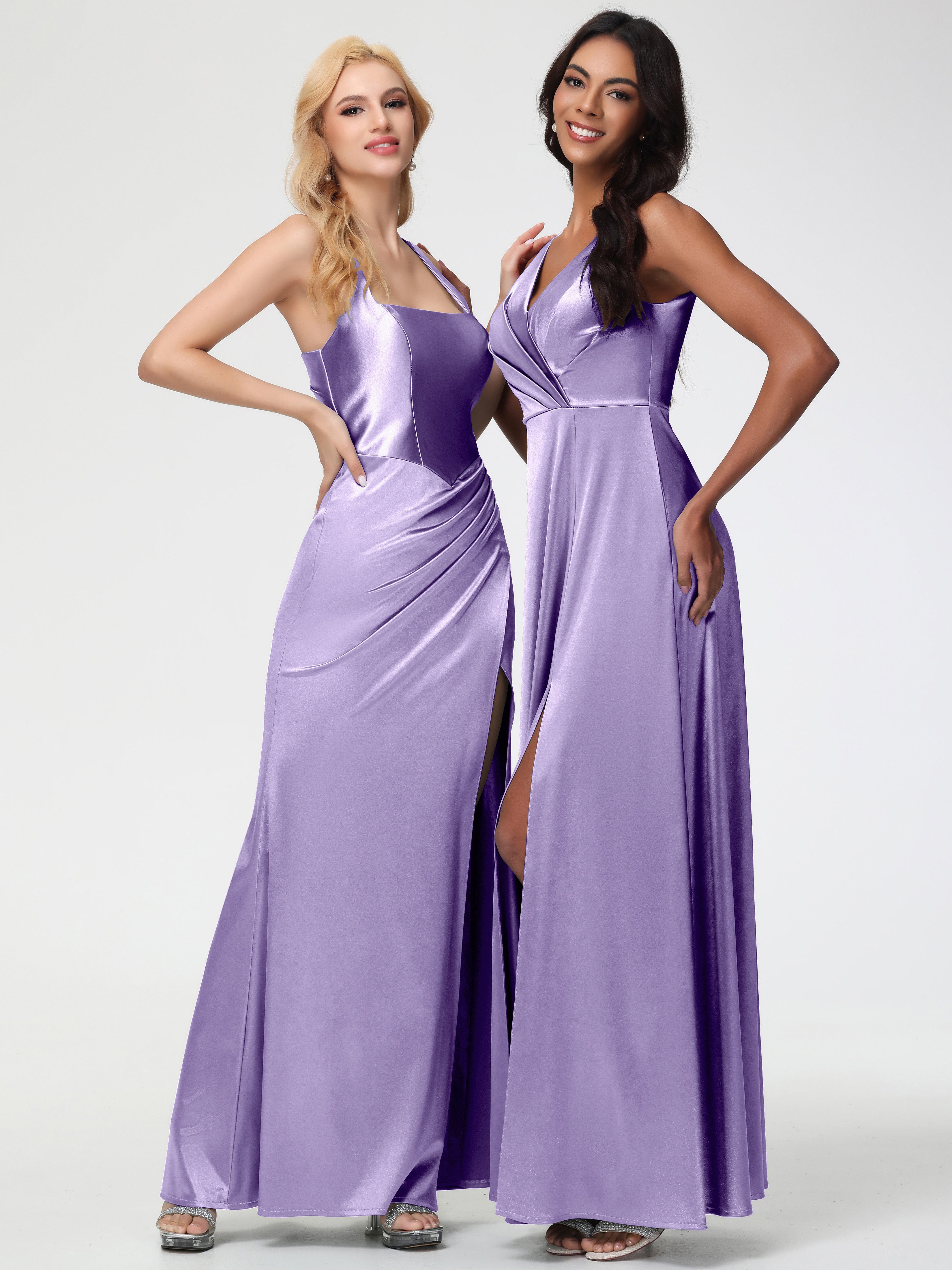 Tahiti Purple Formal Dresses Sleeveless Stretch Satin V-Neck Floor Length A Line Long Stretch Satin Formal Dresses