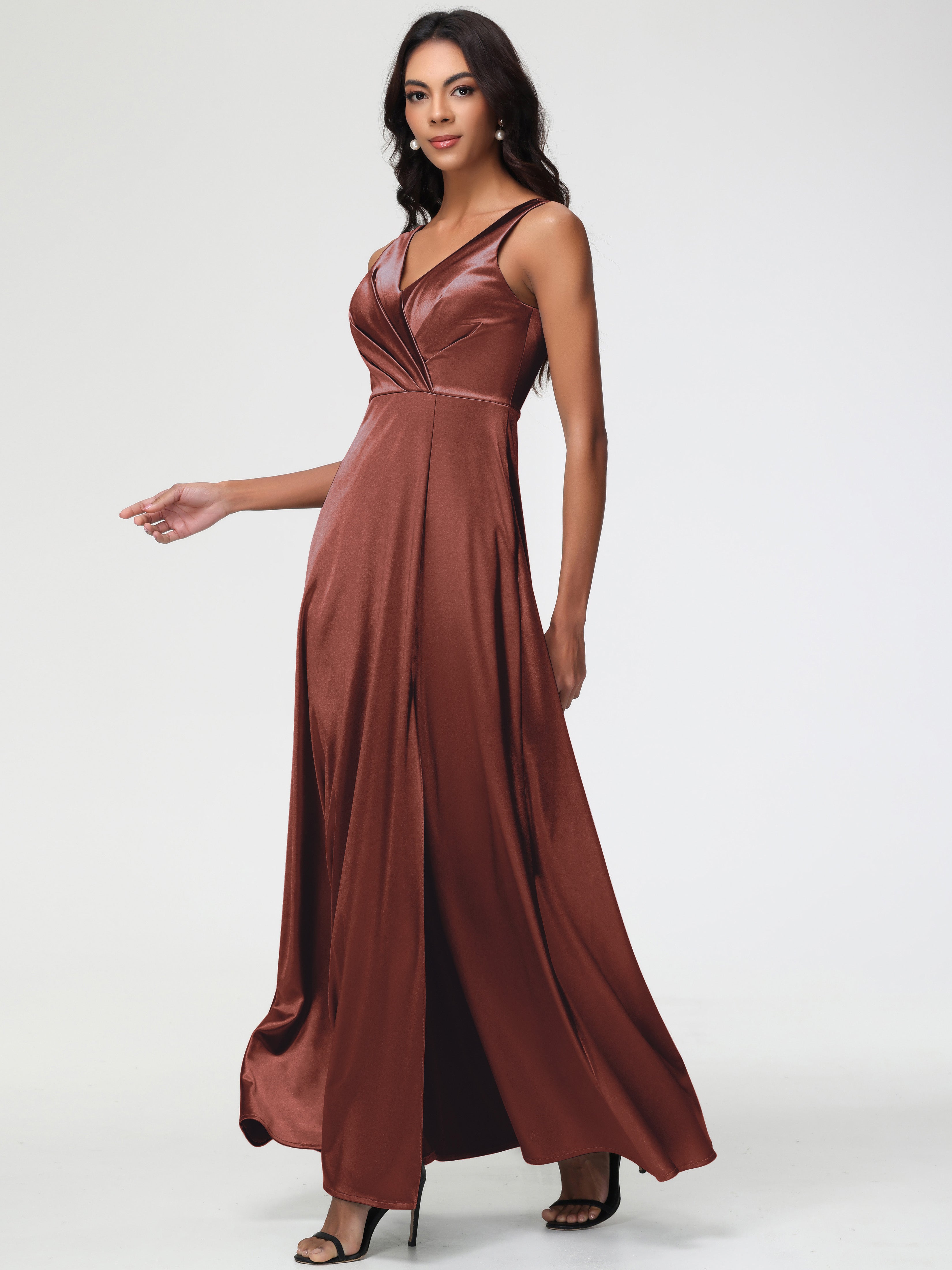 Terracotta Formal Dress Sleeveless Stretch Satin V-Neck Floor Length A Line Long Stretch Satin Formal Dresses