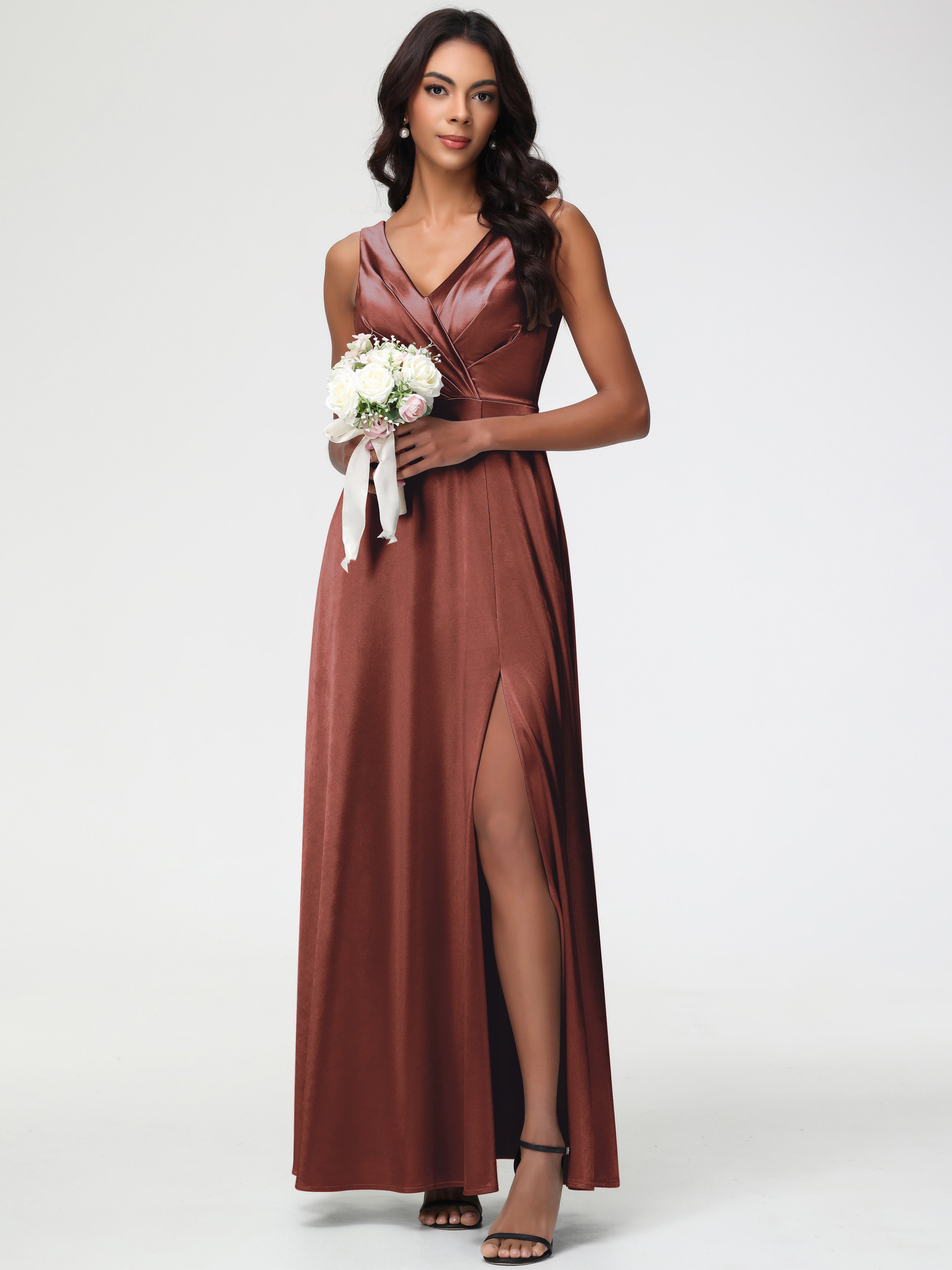 Terracotta Formal Dress Sleeveless Stretch Satin V-Neck Floor Length A Line Long Stretch Satin Formal Dresses