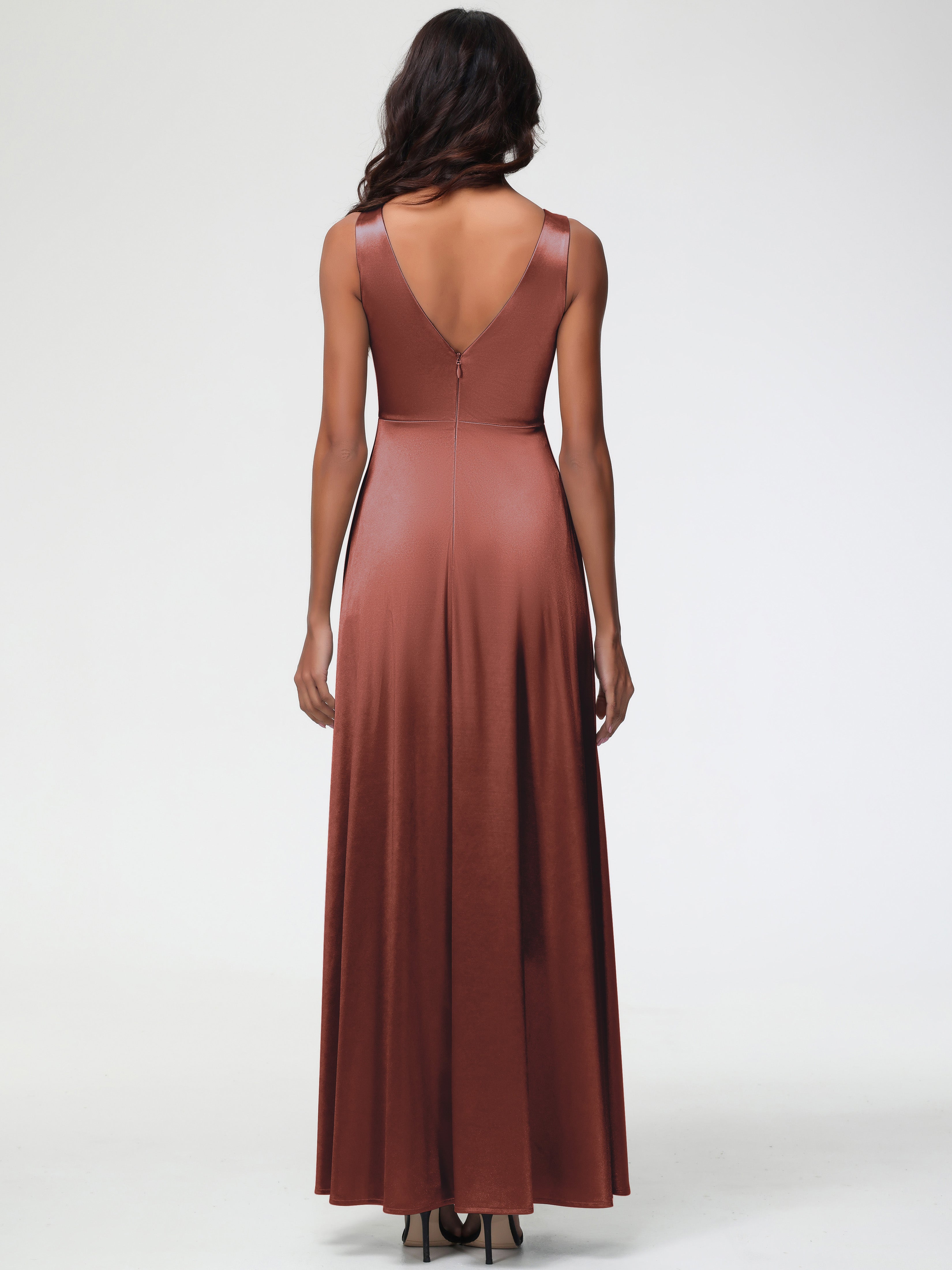 Terracotta Formal Dress Sleeveless Stretch Satin V-Neck Floor Length A Line Long Stretch Satin Formal Dresses