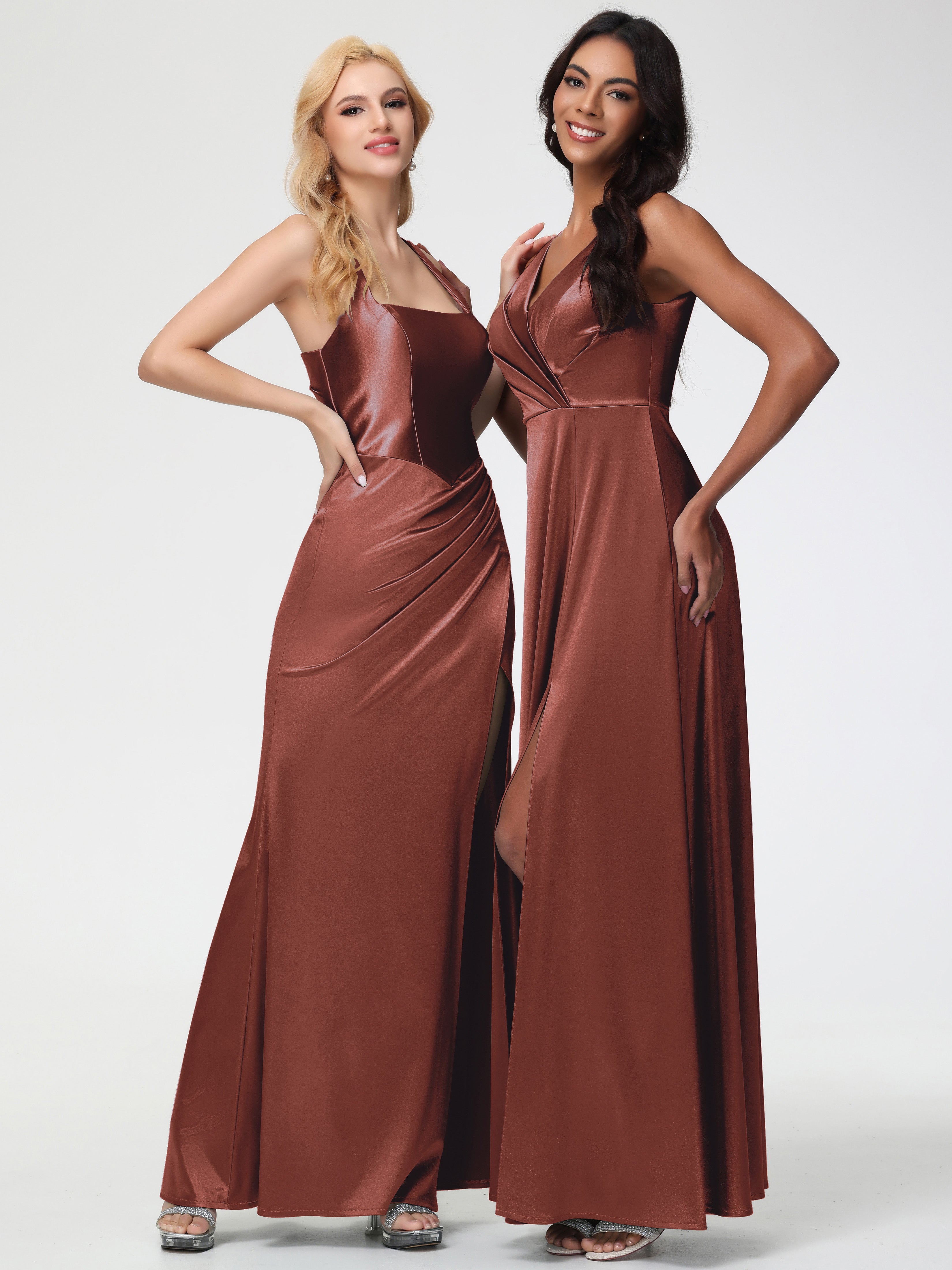 Terracotta Formal Dress Sleeveless Stretch Satin V-Neck Floor Length A Line Long Stretch Satin Formal Dresses