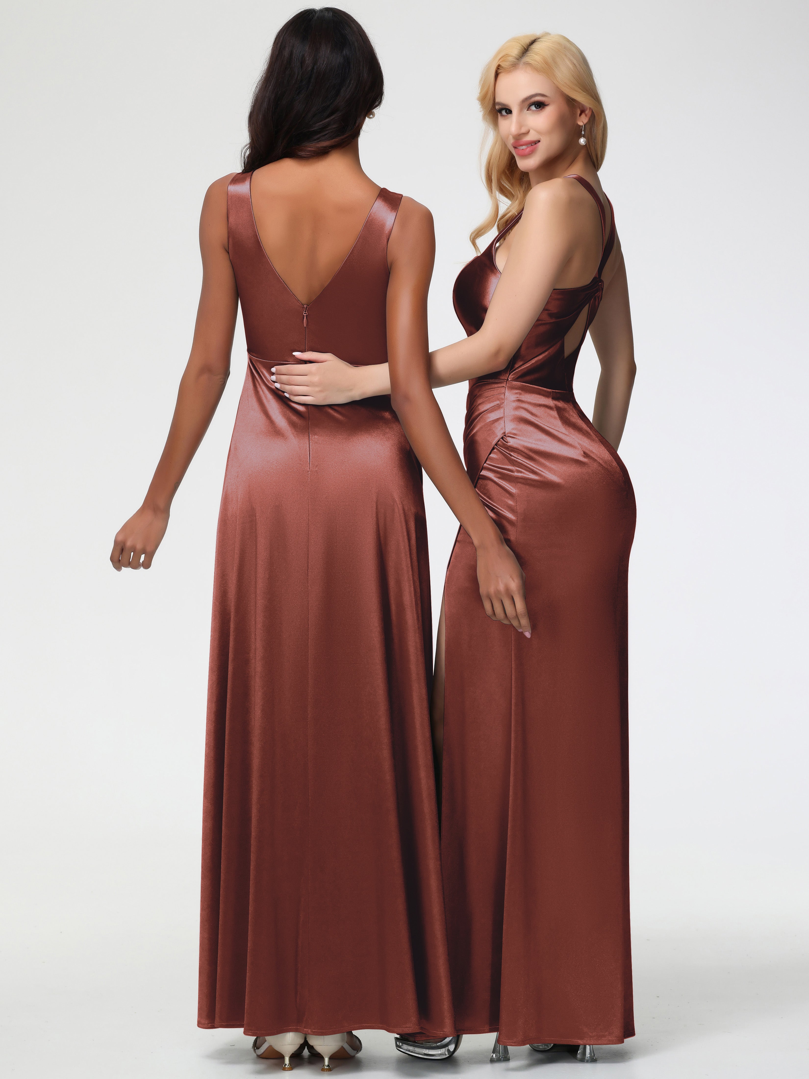 Terracotta Formal Dress Sleeveless Stretch Satin V-Neck Floor Length A Line Long Stretch Satin Formal Dresses
