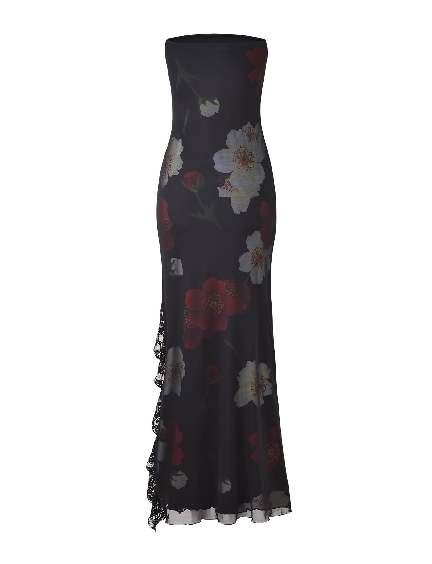 Floral Mesh Strapless High Split Ruffle Maxi Dress 8