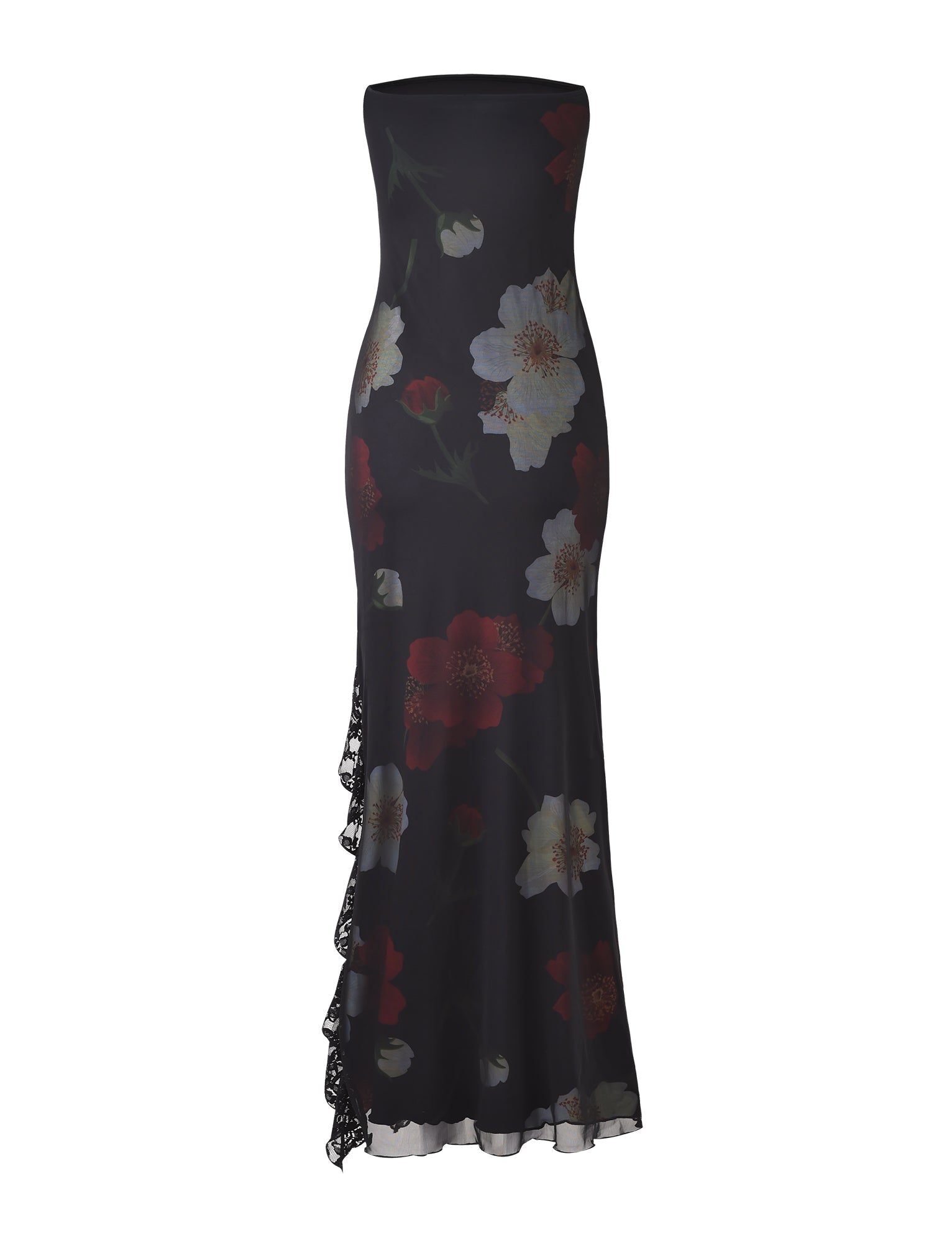 Floral Mesh Strapless High Split Ruffle Maxi Dress 8