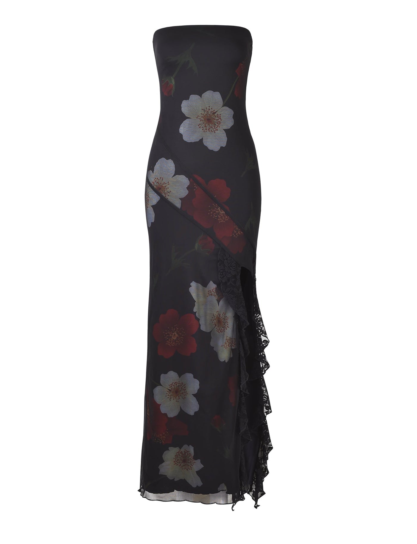 Floral Mesh Strapless High Split Ruffle Maxi Dress 7