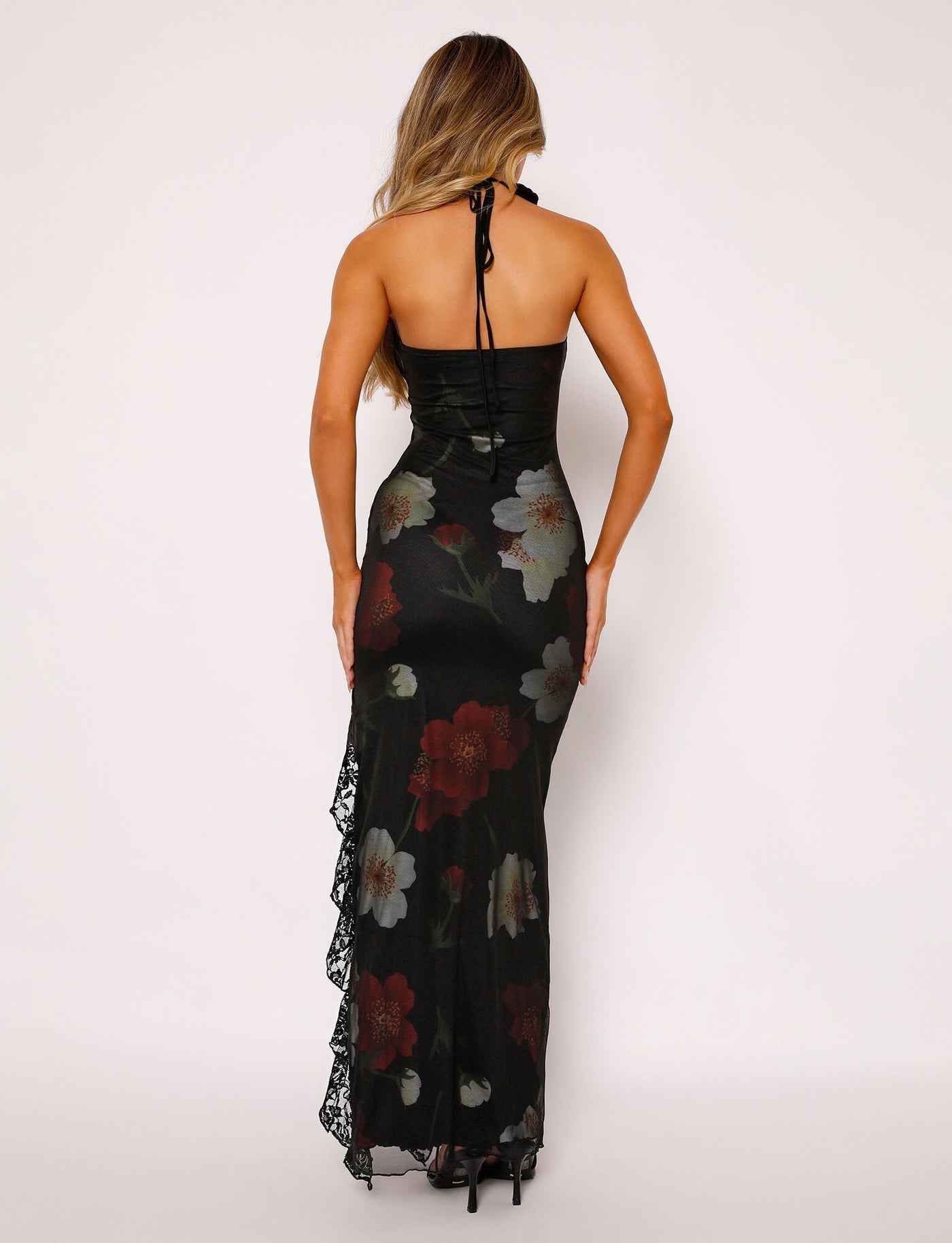 Floral Mesh Strapless High Split Ruffle Maxi Dress 5