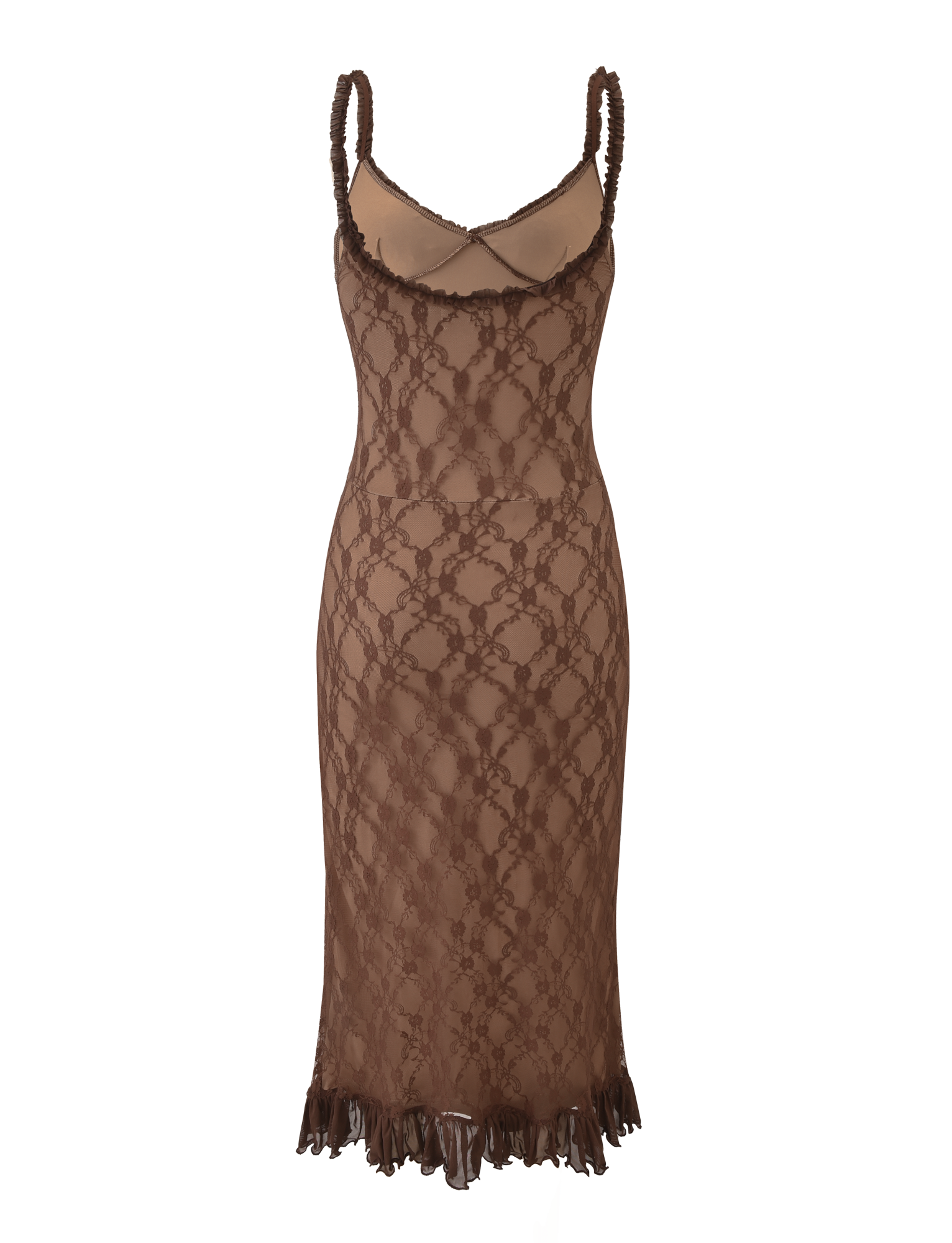 Floral Lace Scoop Neck Bow Ruffle Strap Tiered Ruffle Hem Bodycon Midi Dress