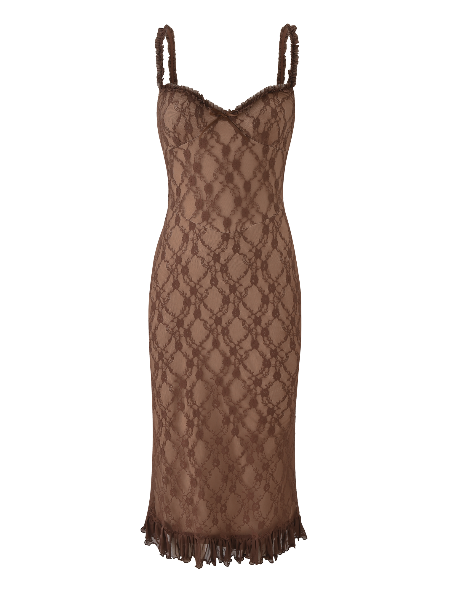 Floral Lace Scoop Neck Bow Ruffle Strap Tiered Ruffle Hem Bodycon Midi Dress