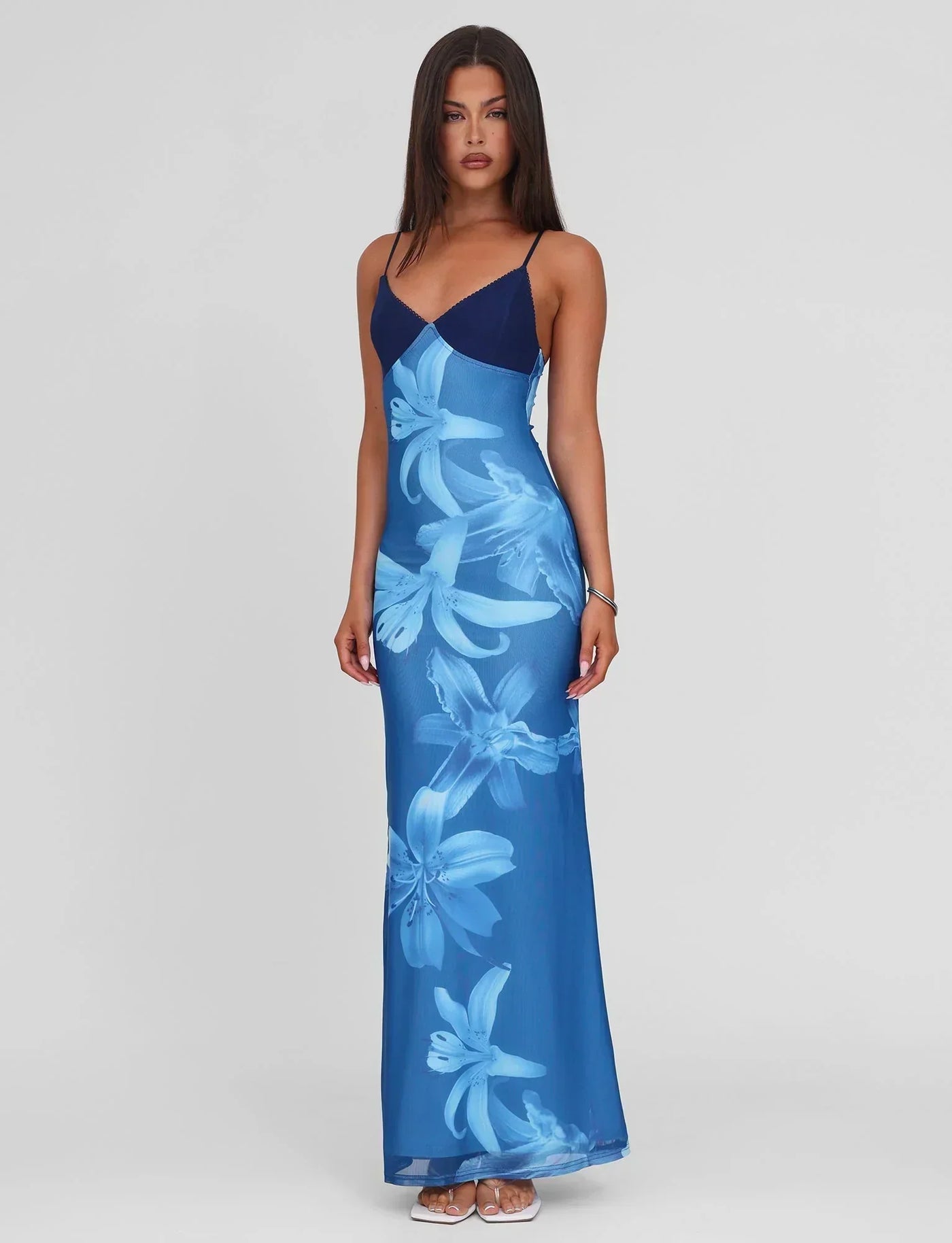 Floral Mesh V-Neck Spaghetti Strap Maxi Dress 2