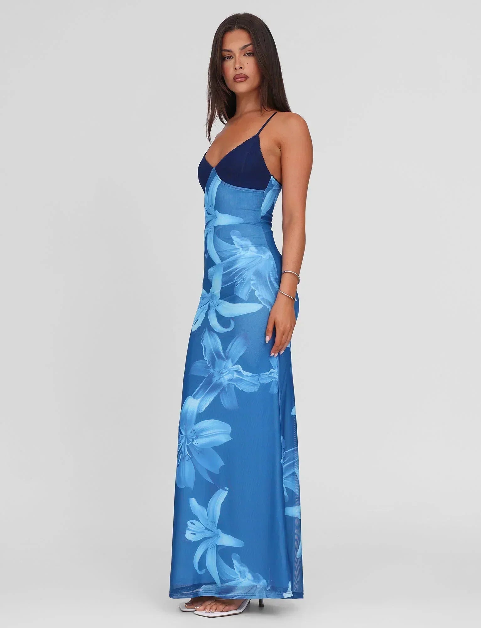 Floral Mesh V-Neck Spaghetti Strap Maxi Dress 3