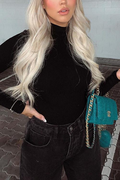 High Collar Knit Long Sleeve T Shirt
