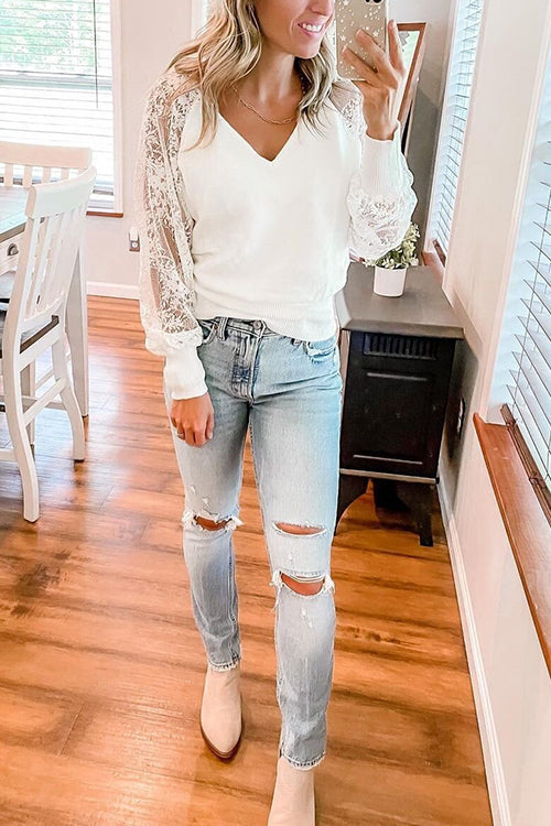 Lace V Neck Backless Blouse