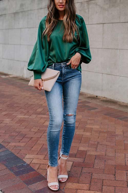 Satin Lantern Sleeve Blouse