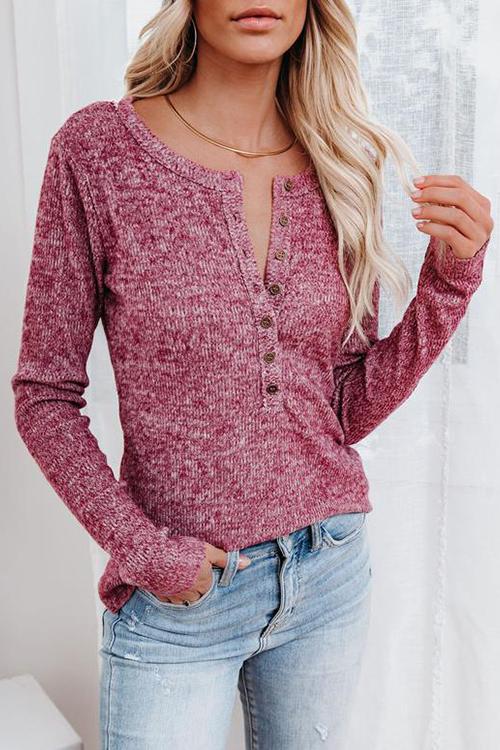 Button O Neck Knit Long Sleeve Top