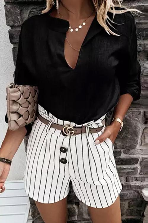 Solid Linen V Neck Loose Blouse