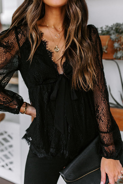 Sheer Lace V Neck Bow Tie Blouse