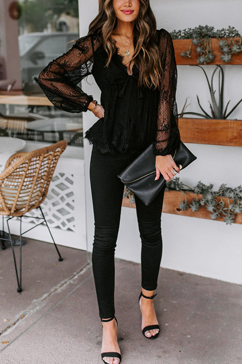 Sheer Lace V Neck Bow Tie Blouse