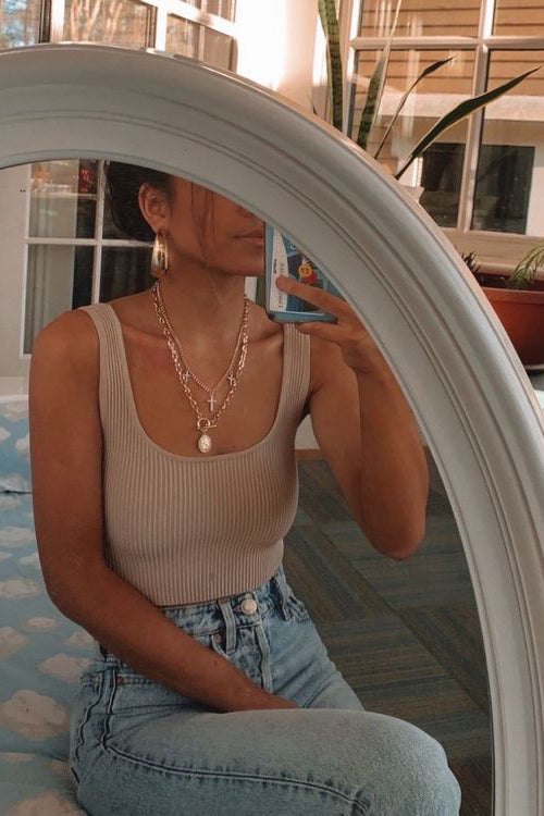 Elastic Knit Square Neck Tank Top