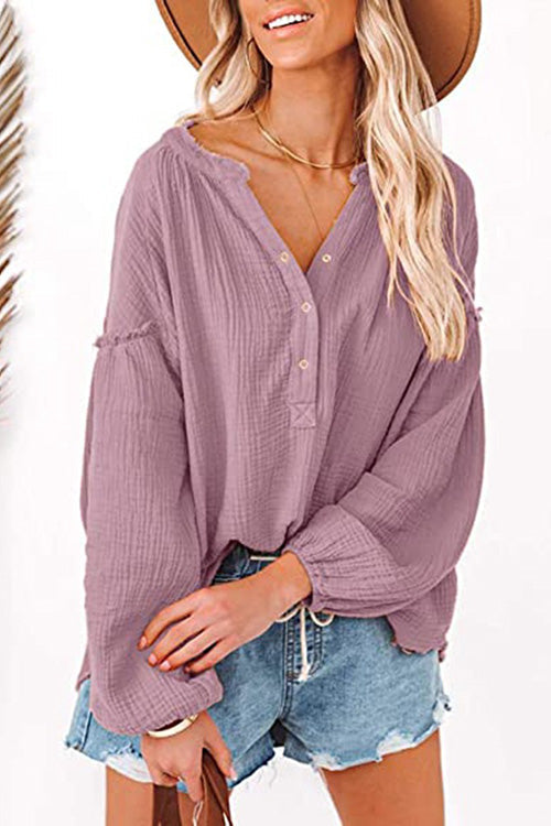 Button Neck Puff Sleeve Loose Blouse