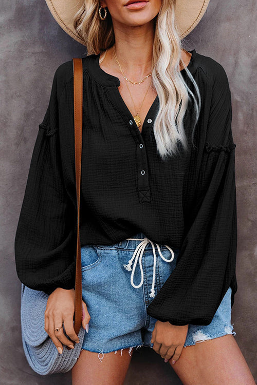 Button Neck Puff Sleeve Loose Blouse