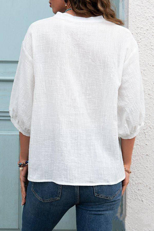 V Neck Seven Puff Sleeve Blouse