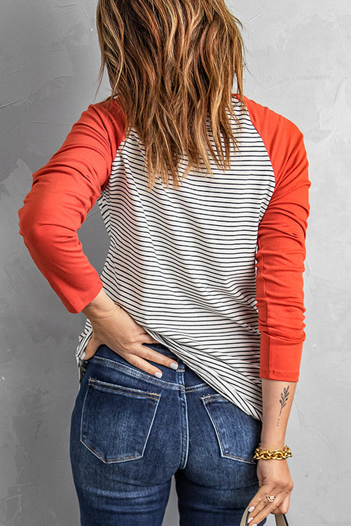 O Neck Long Sleeve Striped Raglan Top