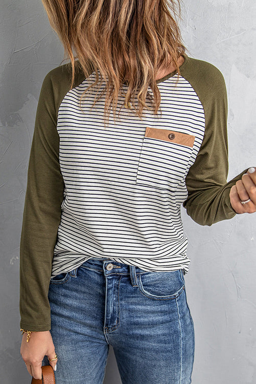 O Neck Long Sleeve Striped Raglan Top