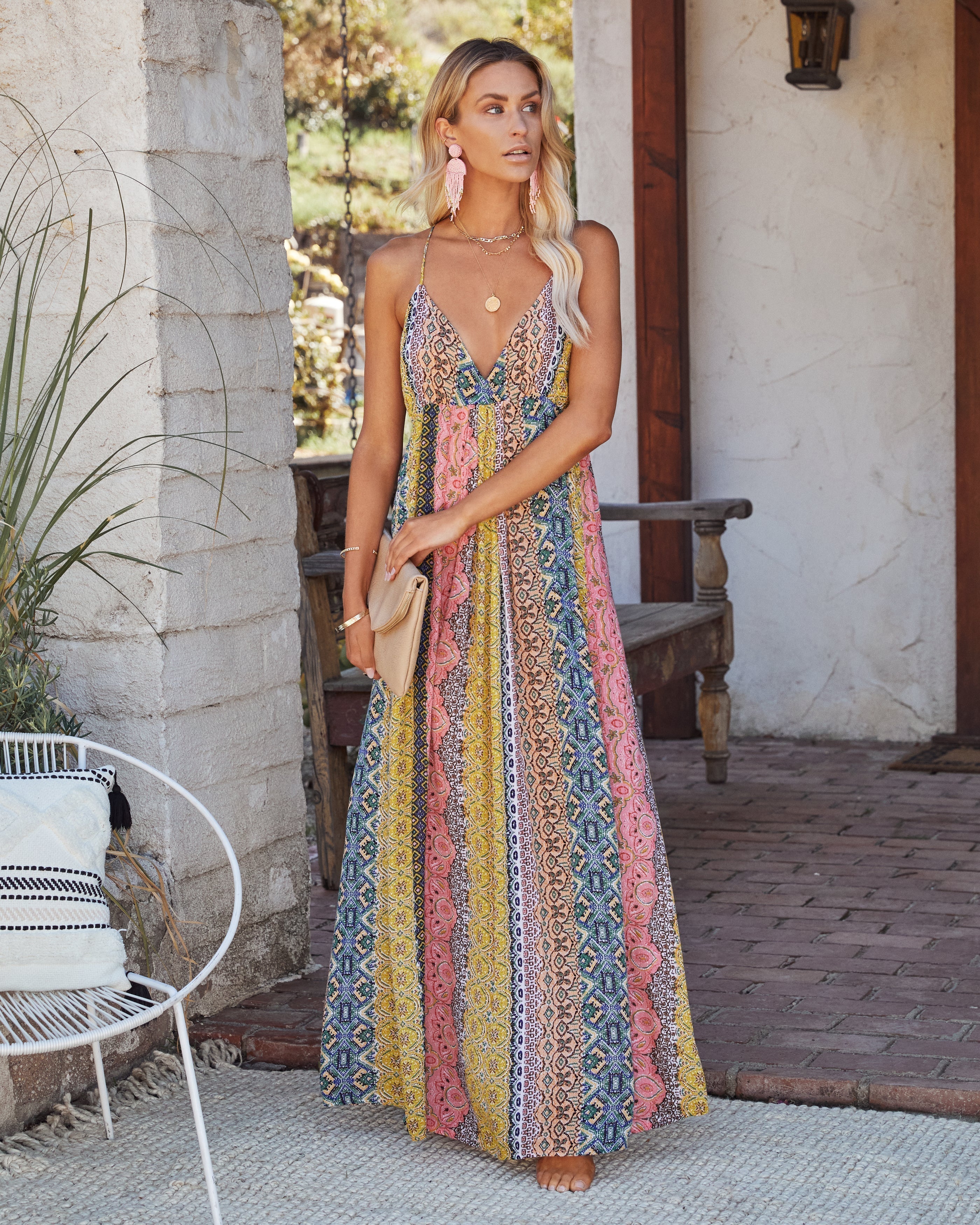 PREORDER Turks + Caicos Printed Shimmer Maxi Dress Pink Multi