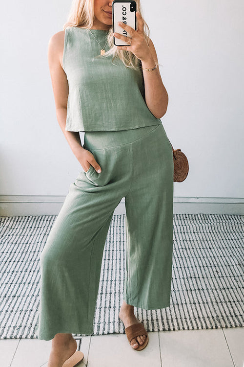 Solid Pockets Tank Pants Set