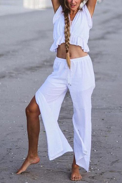 Ruffles Crop Slit Pants Set