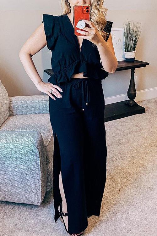 Ruffles Crop Slit Pants Set
