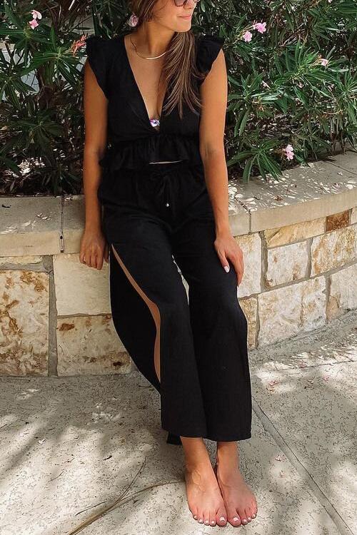 Ruffles Crop Slit Pants Set