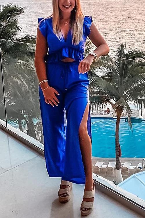 Ruffles Crop Slit Pants Set