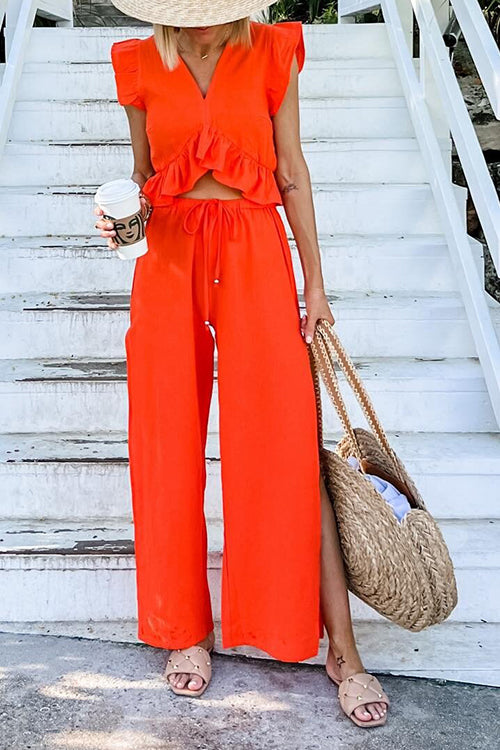 Ruffles Crop Slit Pants Set