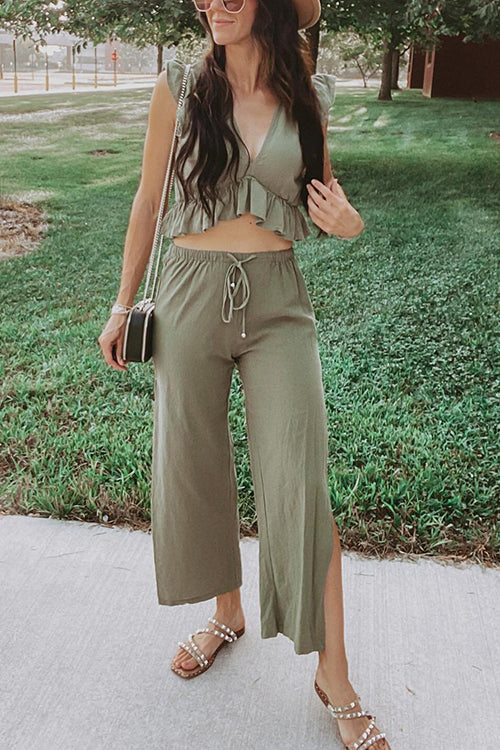 Ruffles Crop Slit Pants Set