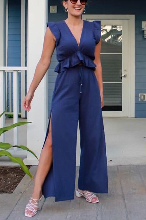 Ruffles Crop Slit Pants Set