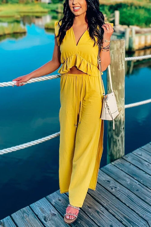 Ruffles Crop Slit Pants Set