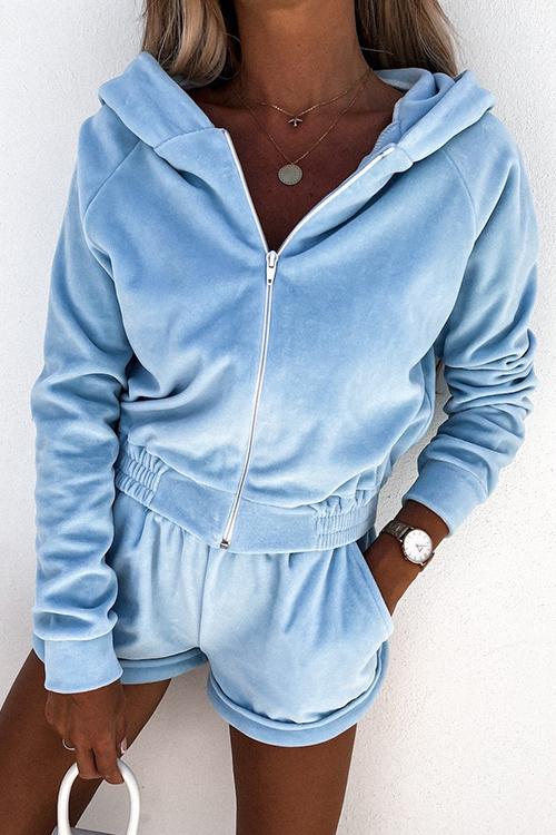 Solid Zipper Hoodie Jackets Shorts Set