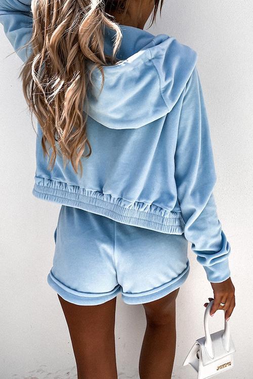 Solid Zipper Hoodie Jackets Shorts Set