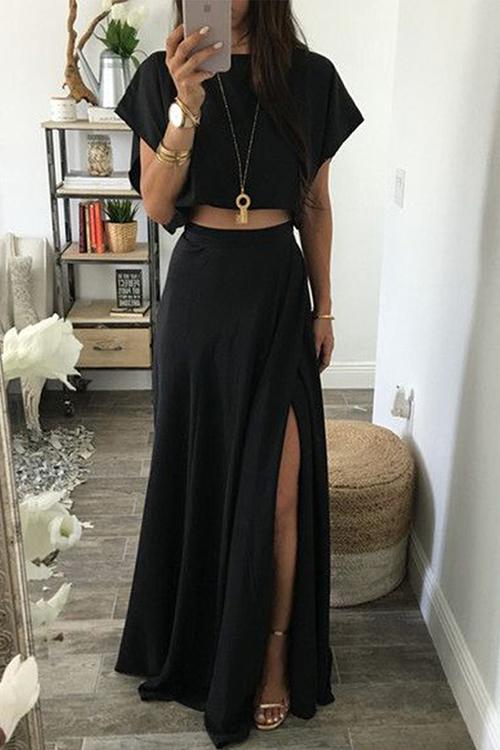 Solid Crop Top Slit Maxi Skirts Set