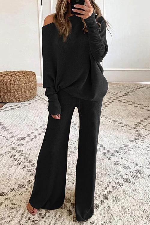 Solid Knit Dew Shouler Pants Sets