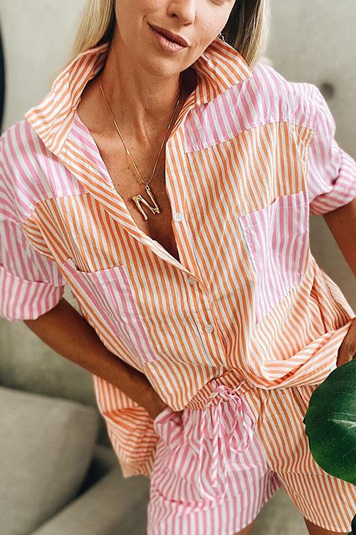 Patchwork Stripe Shirt Shorts Set