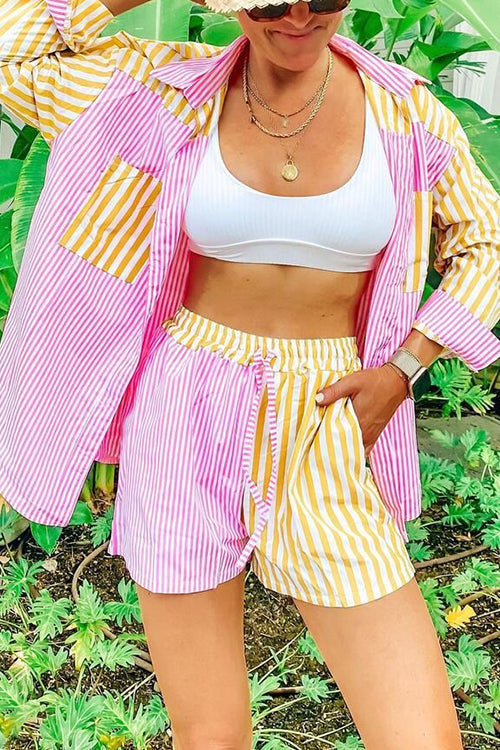 Patchwork Stripe Shirt Shorts Set