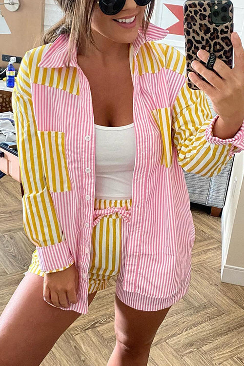Patchwork Stripe Shirt Shorts Set