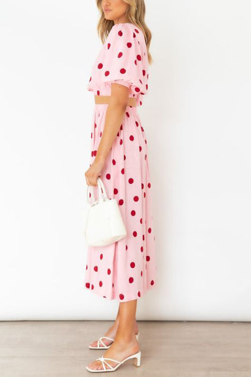 Polka Dot Puff Sleeve Maxi Skirts Set